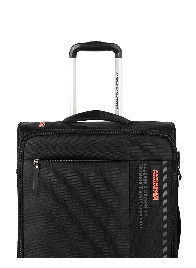 AMERICAN TOURISTER black Marina Suitcase, Check-In Size 70 cm / 26 inch, 4 Spinner Wheels, Soft Top, 100% Polyester, Black|Inner Mesh Zippered Pocket|Expandable|TSA Lock|Voluminous Front Pocket - 3 Years International Warranty  | Best Price UAE